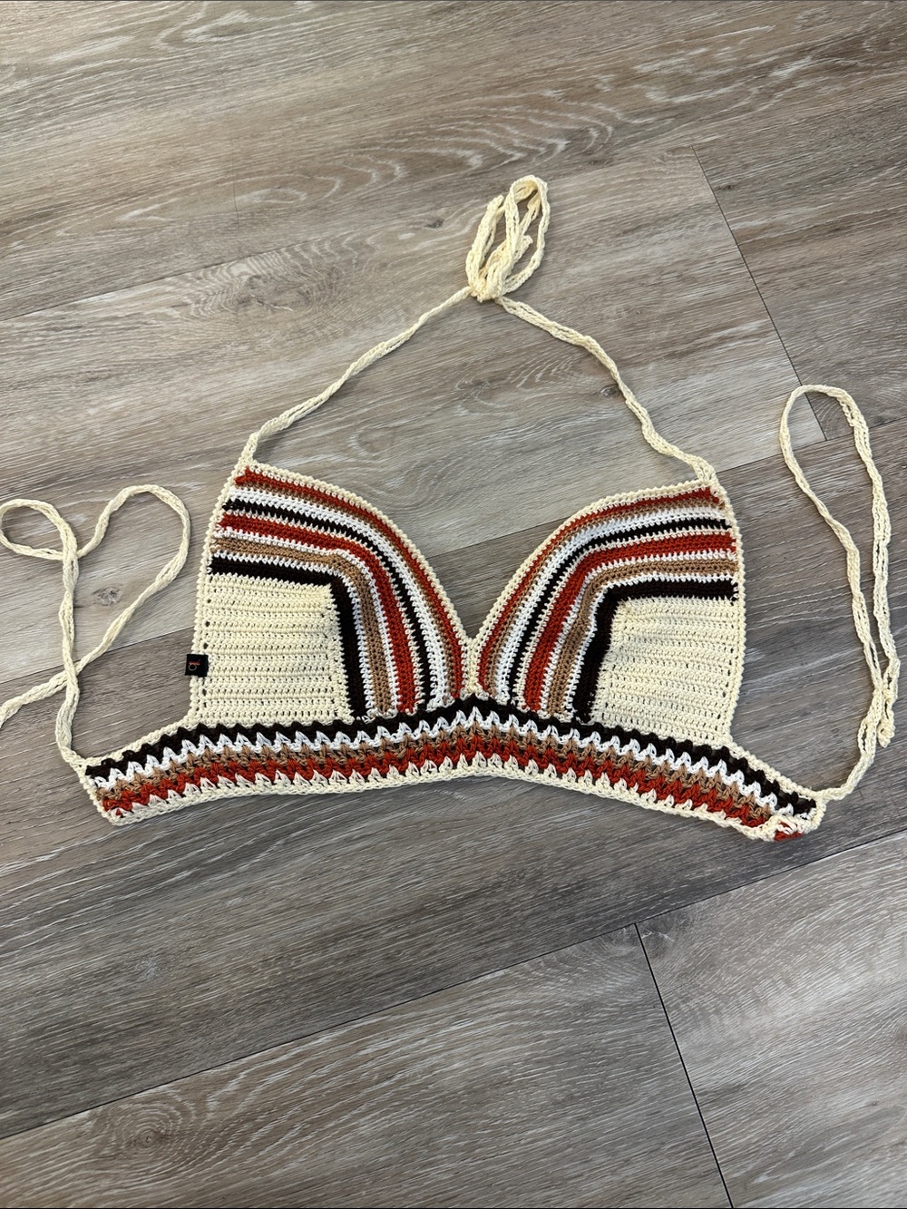 Crochet Bralette Top in Cream with Rust & Black Stripes